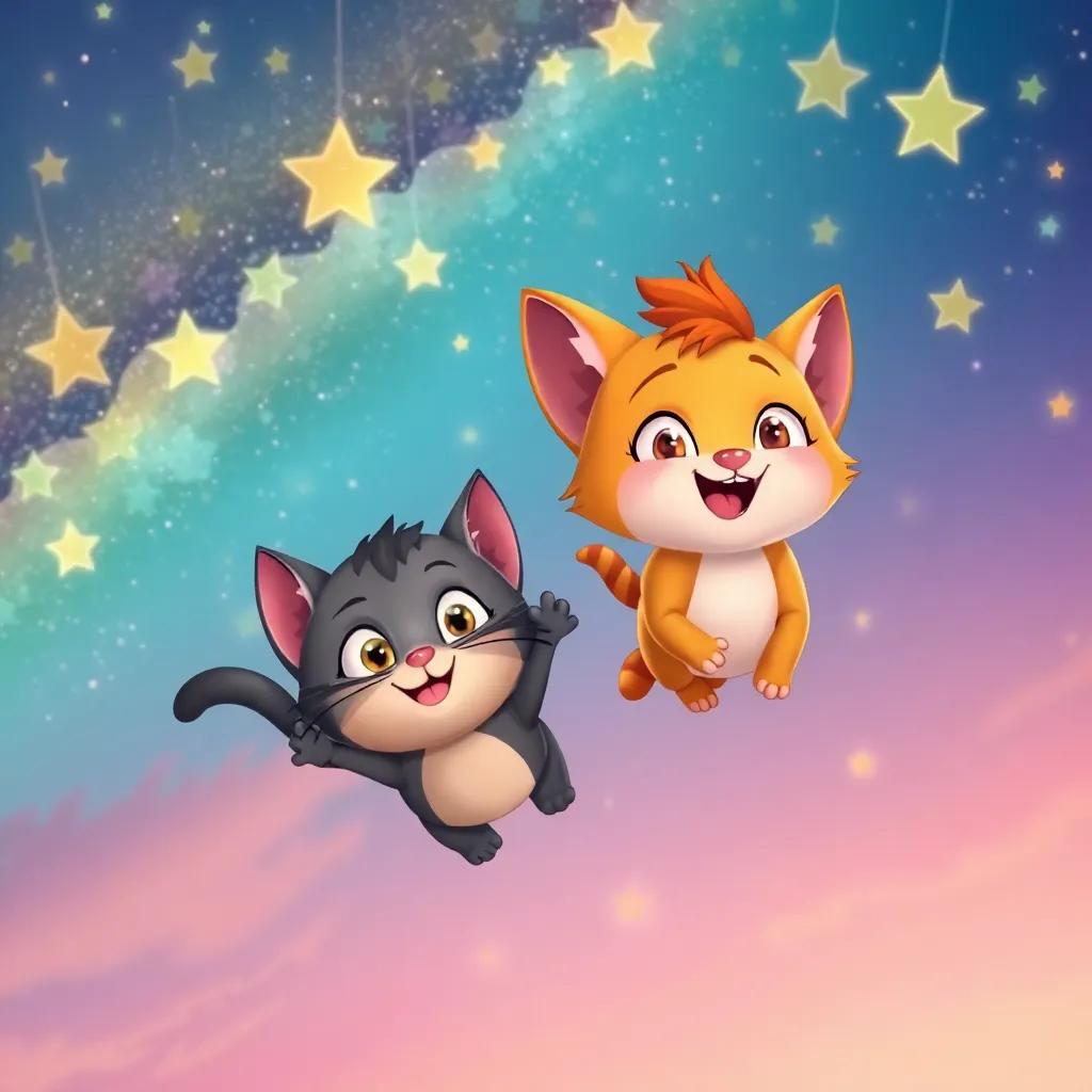 Liam and Whiskers flying home among the stars, dreaming of new adventures, with happy faces and colorful skies behind them, whimsical, uplifting, digital art, high quality
