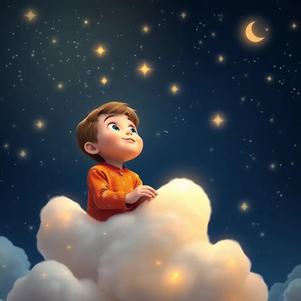 Liam, a young boy in bright pajamas, looking amazed as he watches the stars while sitting on a twinkling cloud, whimsical, starry night, enchanting atmosphere, high quality
