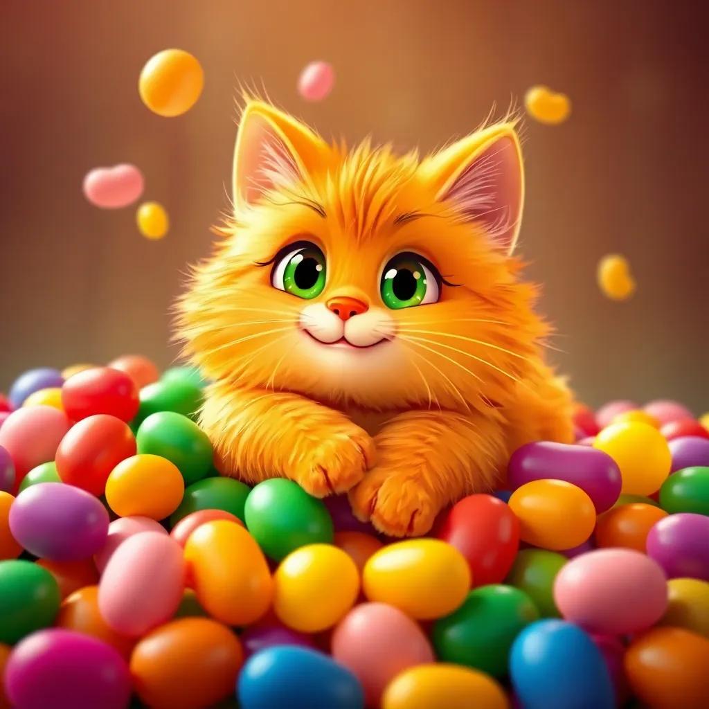 Whiskers, the fluffy orange cat with mischievous green eyes, dreaming of treasures while lying happily on colorful jellybeans, playful, cute, vibrant colors, high quality