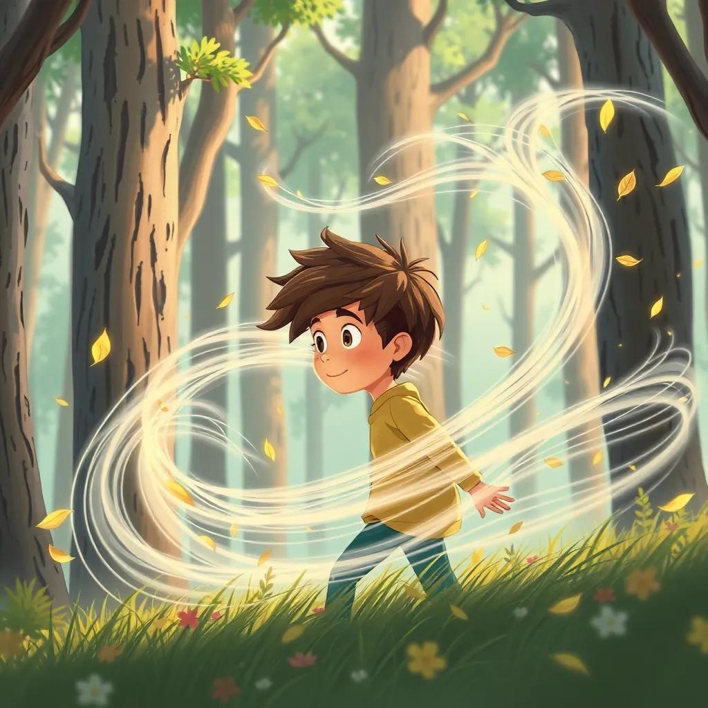The wind swirling around Liam, carrying soft voices, surrounded by tall trees and fluttering leaves, illustration, whimsical style, magical ambiance, colorful