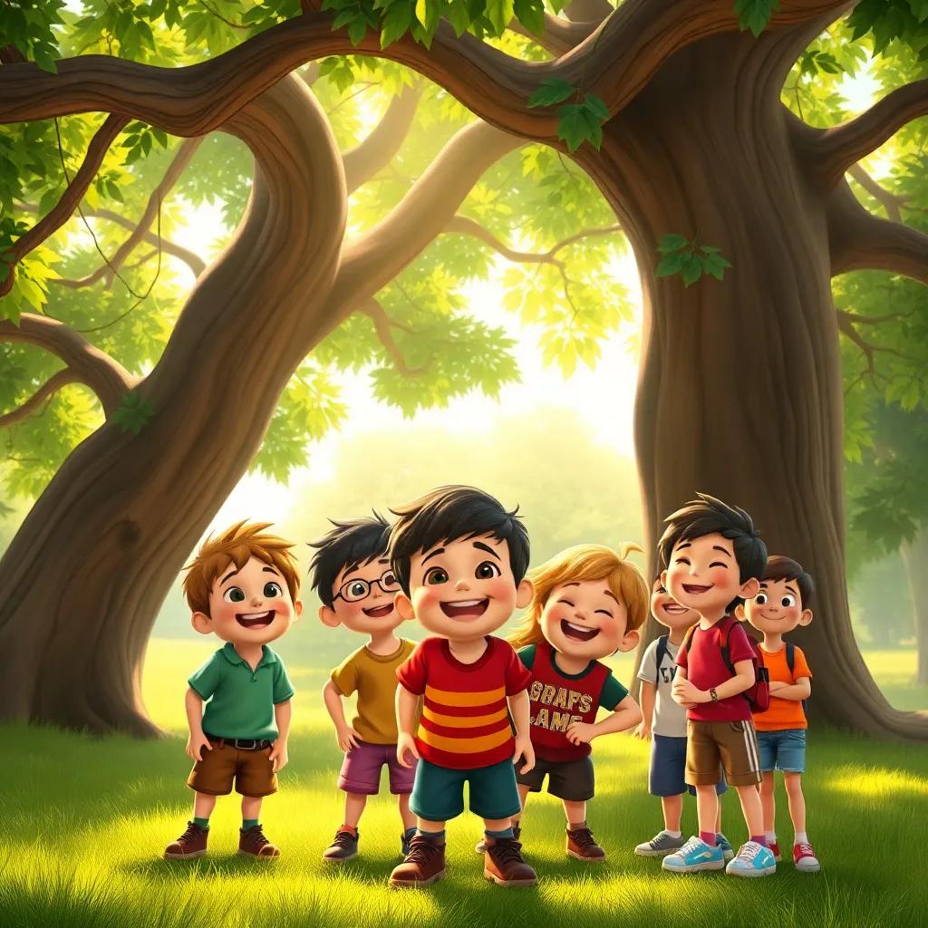 Liam excitedly gathered his friends around, under a large oak tree, bright happy faces, cheerful expressions, bright sunlight filtering through leaves, storytelling view, charming and inviting