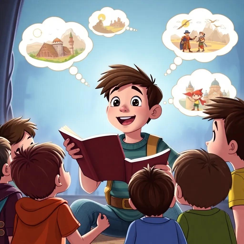 Liam passionately telling tales of adventure with bright eyes and animated gestures, a group of enthralled children around him, illustrations of distant lands and heroes as thought bubbles, child-friendly art, engaging and captivating atmosphere