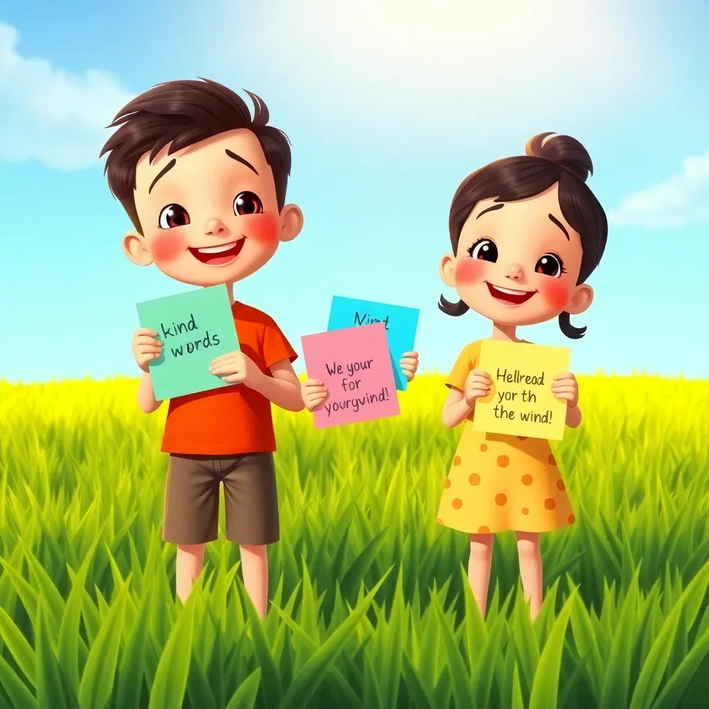 Children holding colorful papers with kind words, standing in a green grassy field, ready to send them off with the wind, joyful expressions, bright blue sky, warm sunlight, imaginative illustration