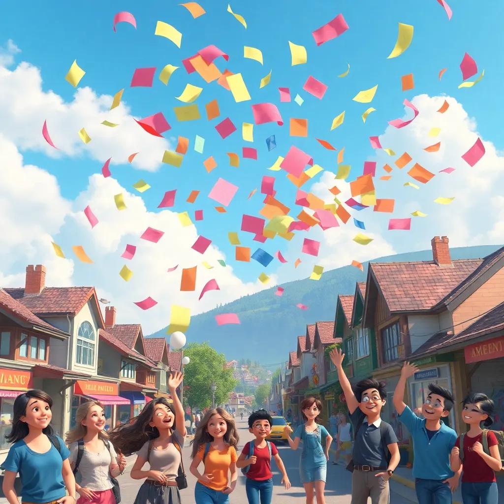 A powerful gust of wind lifting colorful notes into the air, swirling them around a local town, people smiling and reaching for the floating messages, lively scene, cheerful, captivating