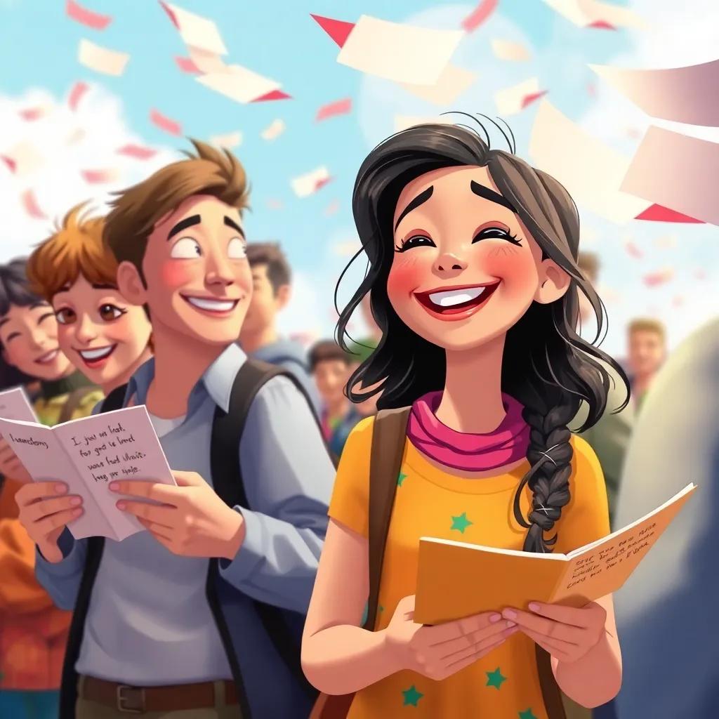 People reading messages carried by the wind, happiness on their faces, a girl laughing out loud after reading a note about friendship, colorful journey, vibrant and lively