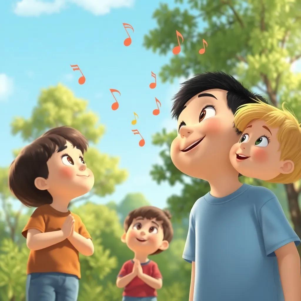 Children watching in awe as notes danced in the wind, feeling the magic in the air, animated expressions, background of green trees and clear skies, joyful creativity in art