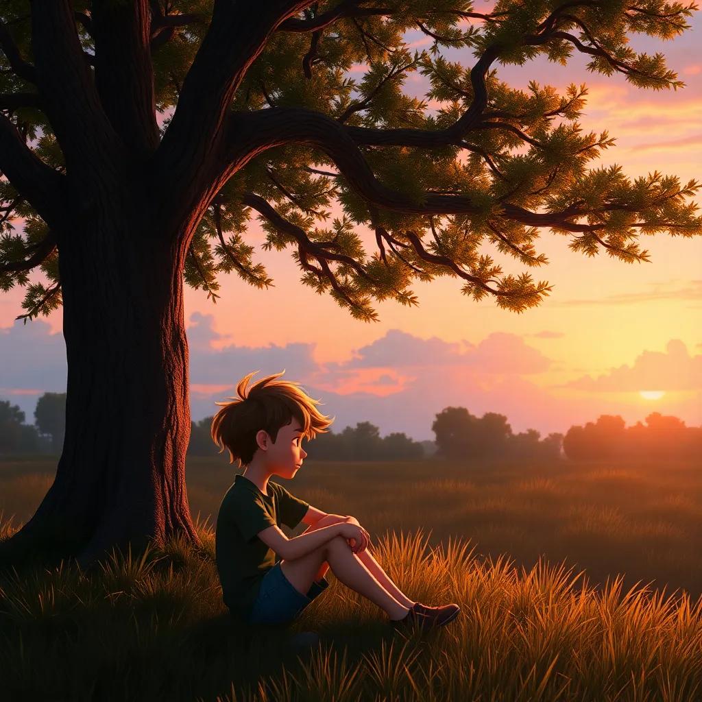 A serene evening scene with Liam sitting beneath a large tree, the wind gently blowing through his hair, sunset colors in the sky, peaceful and reflective, warm and calming imagery