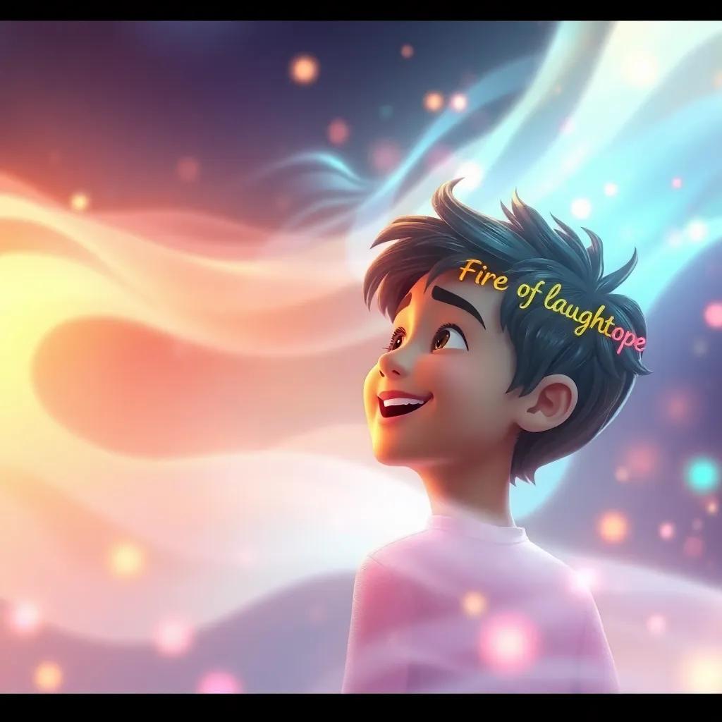Whispers of the wind swirling around Liam, carrying colorful words of love, laughter, and hope, ethereal digital art, soft glow, enchanting atmosphere, high quality