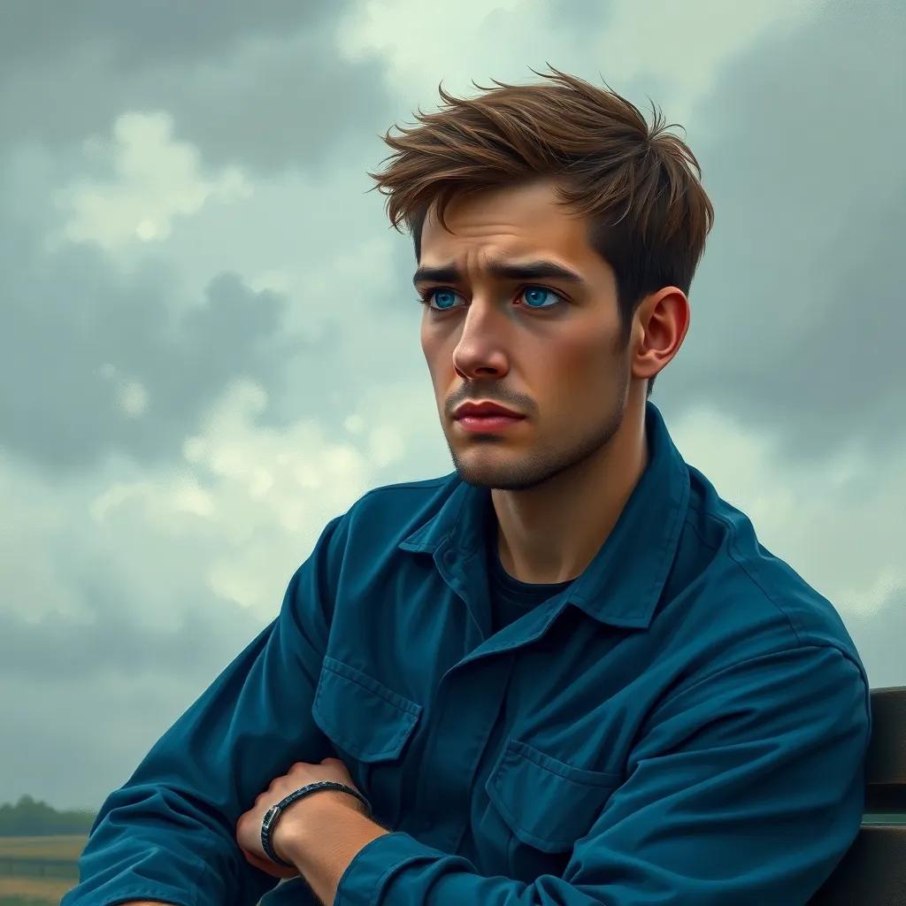 A man named Liam, looking thoughtful with short brown hair, wearing a blue work uniform, sitting on a bench surrounded by gray clouds and dull colors, feeling gloomy, digital art, monochrome, sad atmosphere, high quality