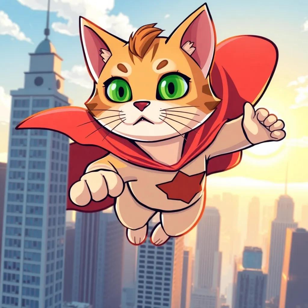 A superhero cat, Liberty, with a shiny cape and bright green eyes, flying over a city with tall buildings, looking worried yet determined, comic style, vibrant colors, sunny day, dramatic perspective, high quality, dynamic action pose