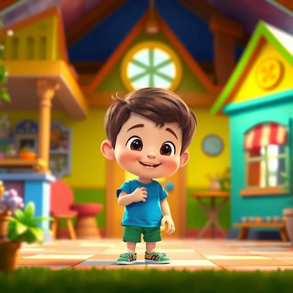 A small boy named Max, with short brown hair, wearing a bright blue t-shirt and green shorts, playing in a colorful house, cheerful atmosphere, digital art, vibrant colors, inviting scene