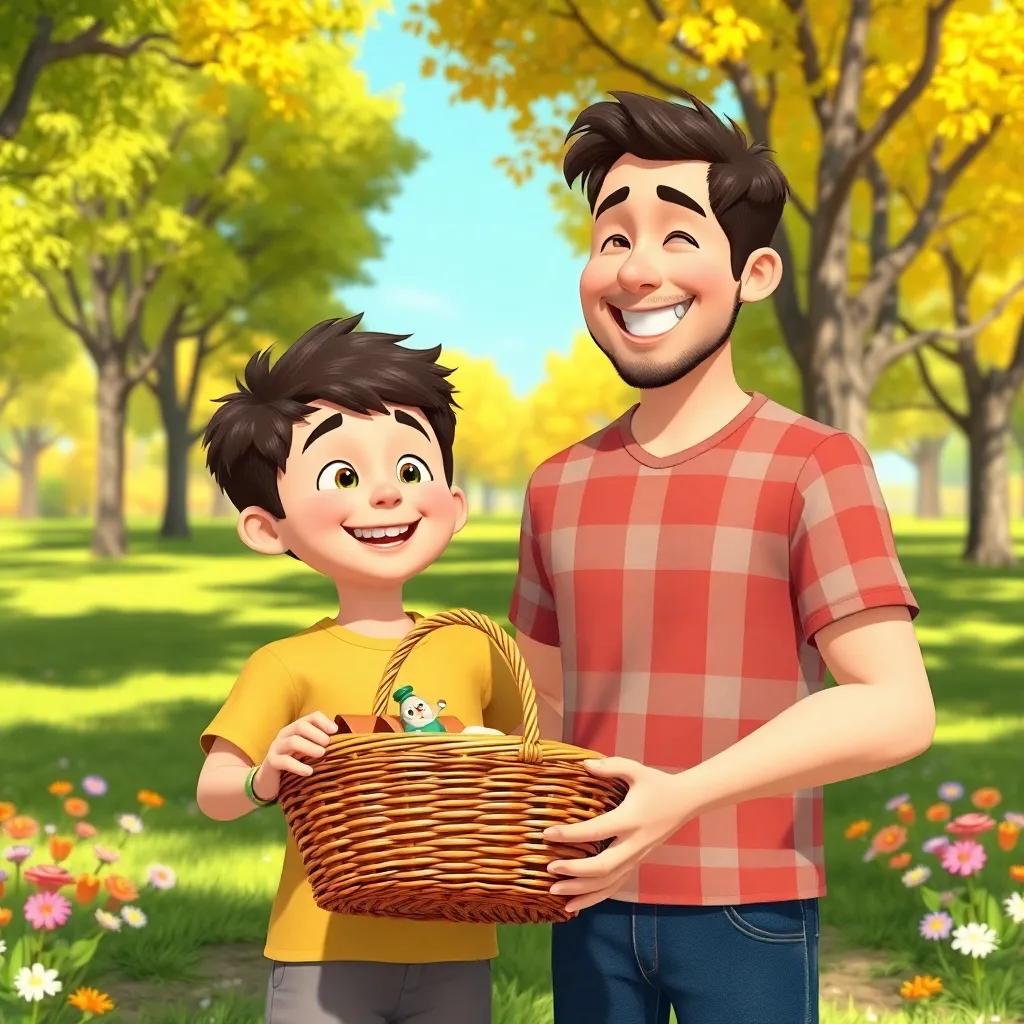 Max and his dad, smiling and holding a picnic basket, standing in a sunny park with trees and flowers, happy family moment, bright colors, joyful scene