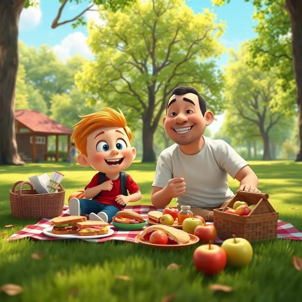 A wide view of a sunny park with Max and his dad sitting on a picnic blanket, surrounded by delicious food like sandwiches and apples, cheerful and inviting setting