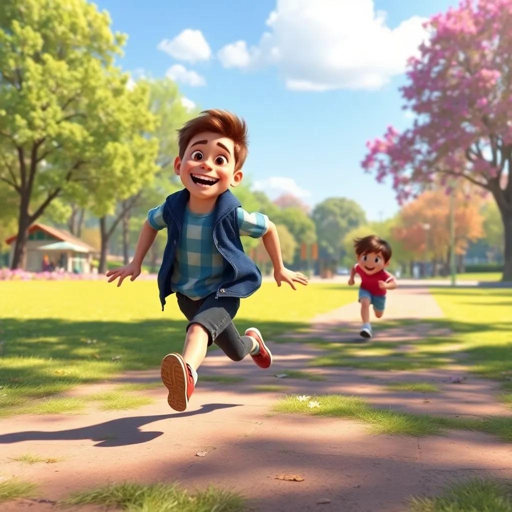 Max running happily while his dad chases him in the park, full of laughter and excitement, bright sunlight, colorful scenery, playful atmosphere