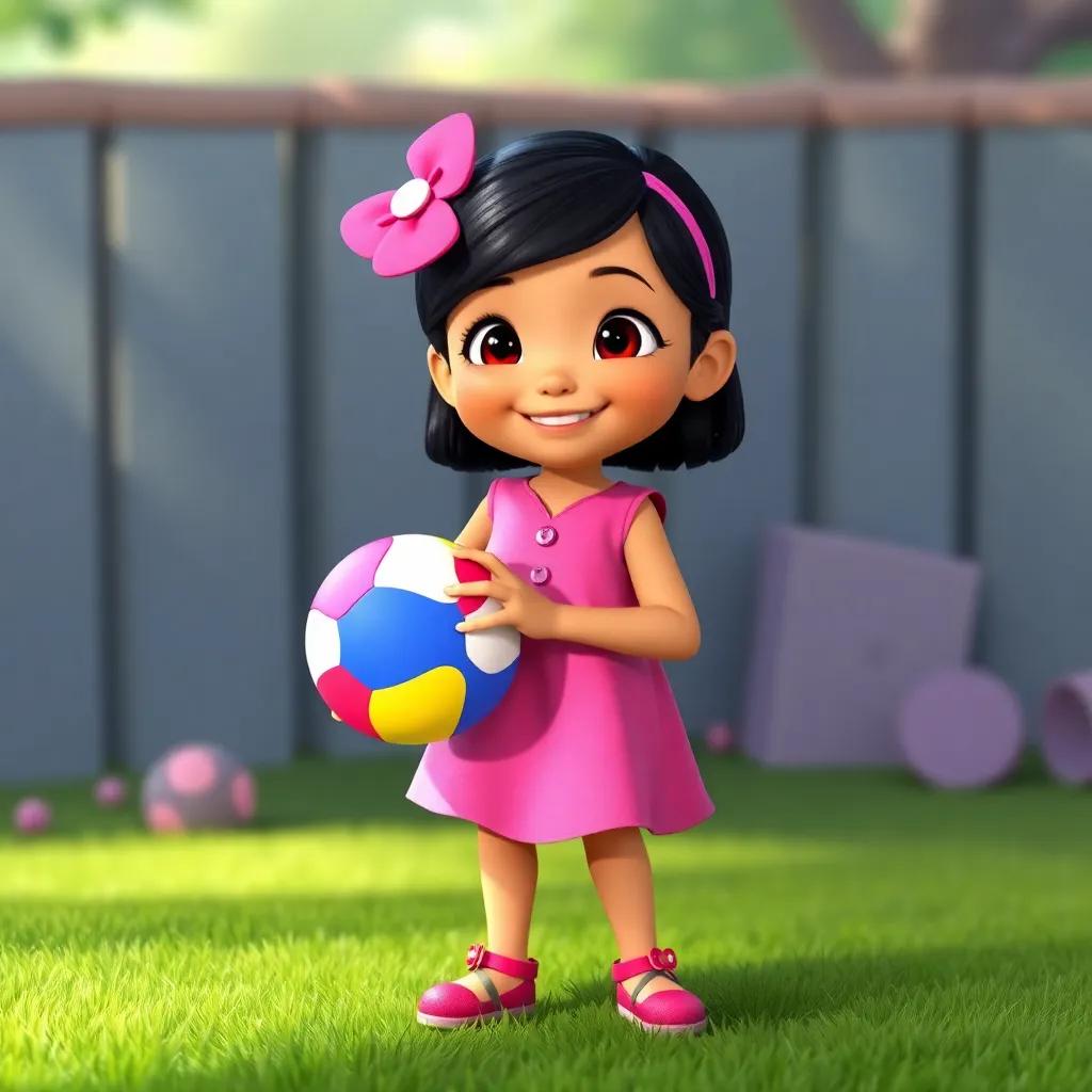 A little girl named Mia, wearing a pink dress and holding a colorful ball, smiling and inviting Max and his dad to play, friendly and engaging atmosphere