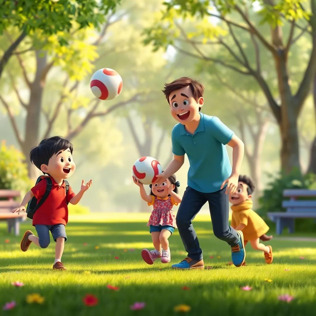 Max, his dad, and Mia playing catch with a ball, joyful energy and laughter filling the park, colorful and vibrant settings, child-like innocence