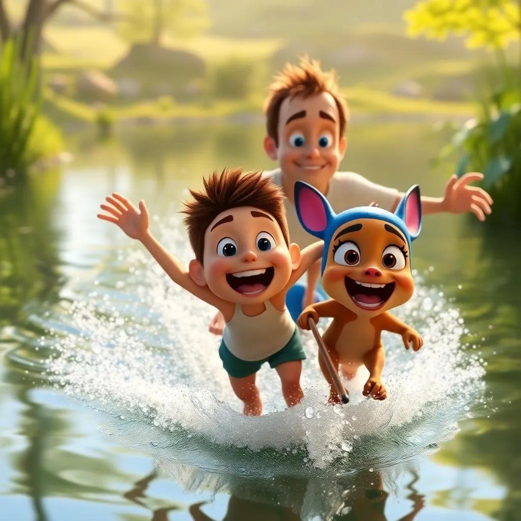 Max, Mia, and his dad racing around the pond, with excitement on their faces, animated and fun atmosphere, bright sunlight illuminating their joy