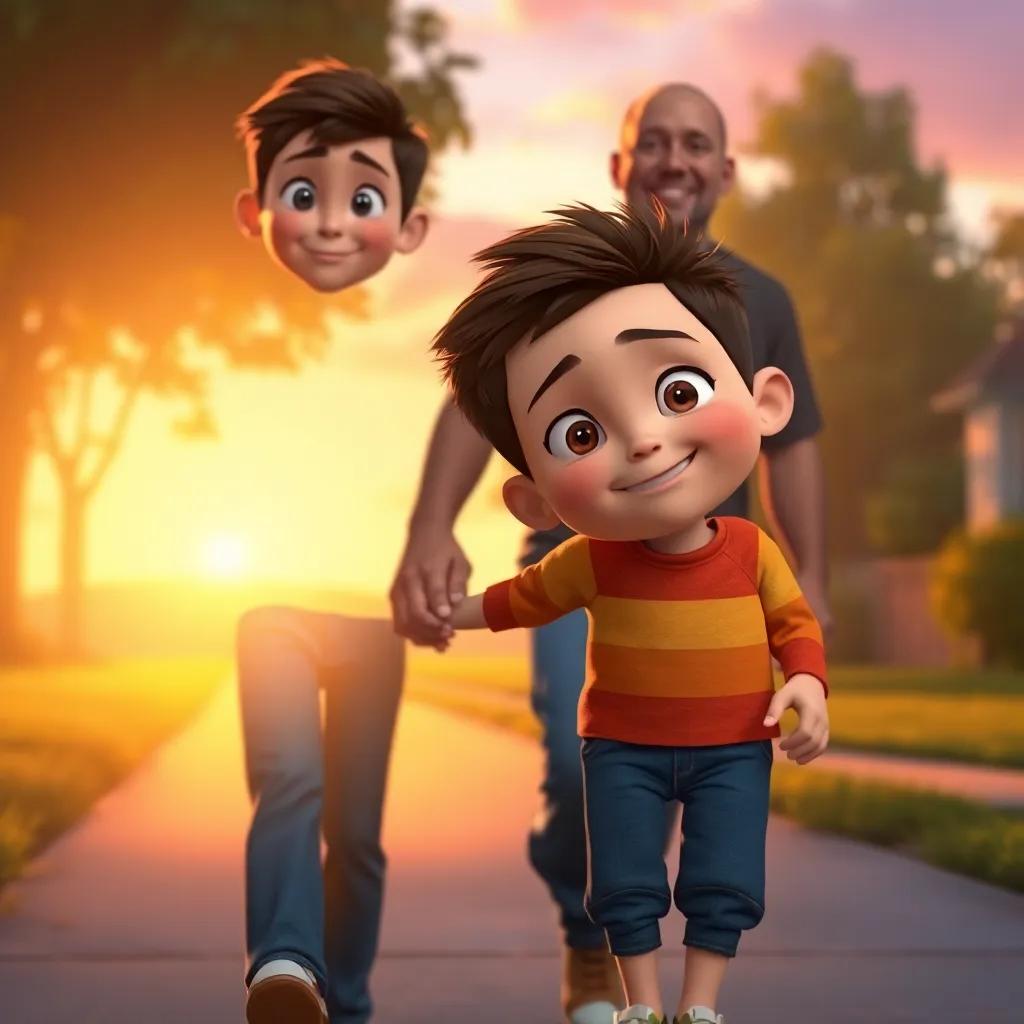 Max looking tired but happy, holding his dad's hand while walking home, sunset in the background creating a warm glow, heartwarming family moment