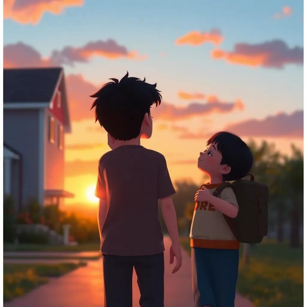 Max whispering to his dad that he loves him, while walking home, a loving bond highlighted with a sunset, warm colors, tender moment