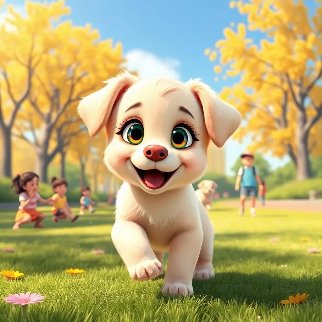 A happy puppy, Lila, with soft fur and bright eyes, playing joyfully in a sunny park filled with children, digital art, bright colors, cheerful atmosphere, high quality