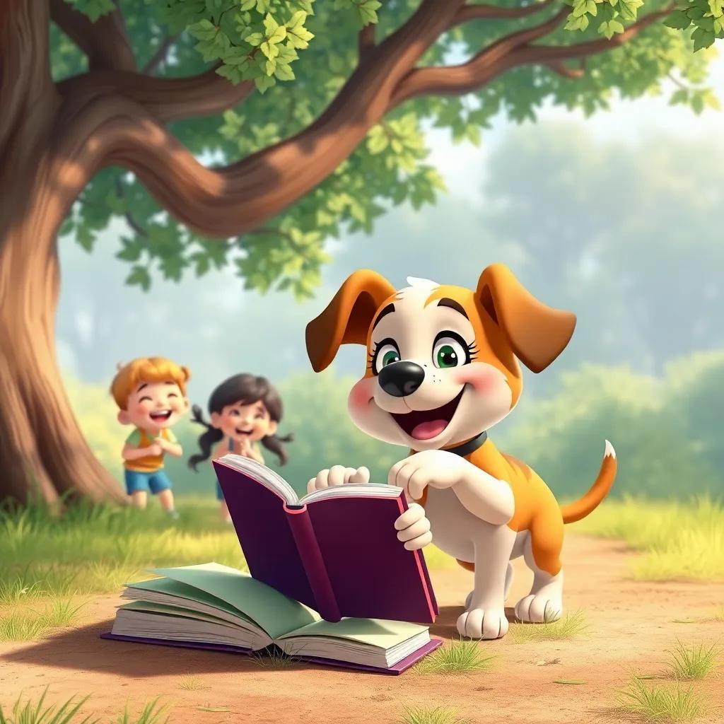 Lila, the playful puppy, mischievously grabbing a book from the ground while children laugh nearby under a shady tree, illustration, vibrant and fun, inviting