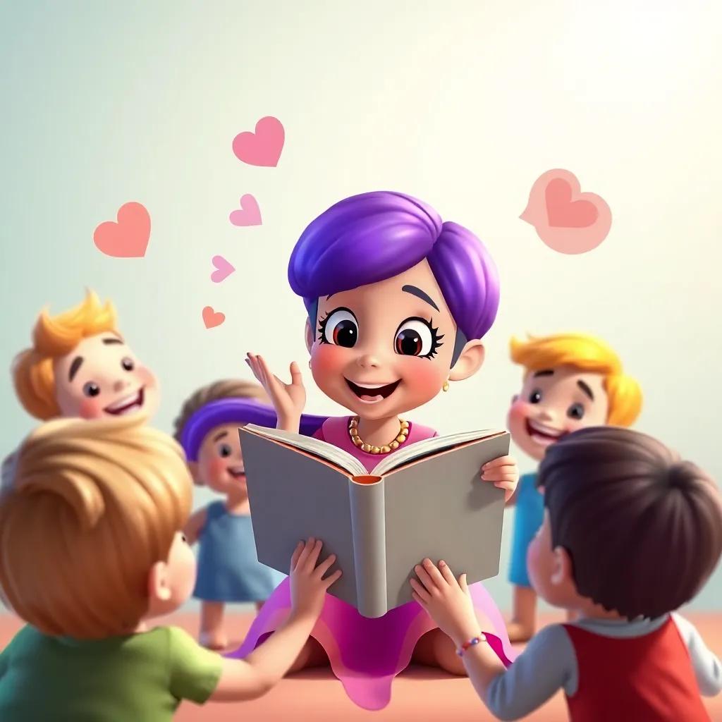 Lila shaking a book playfully, making funny sounds as children turn to watch her with smiles on their faces, colorful scene, joyful vibes, child-friendly