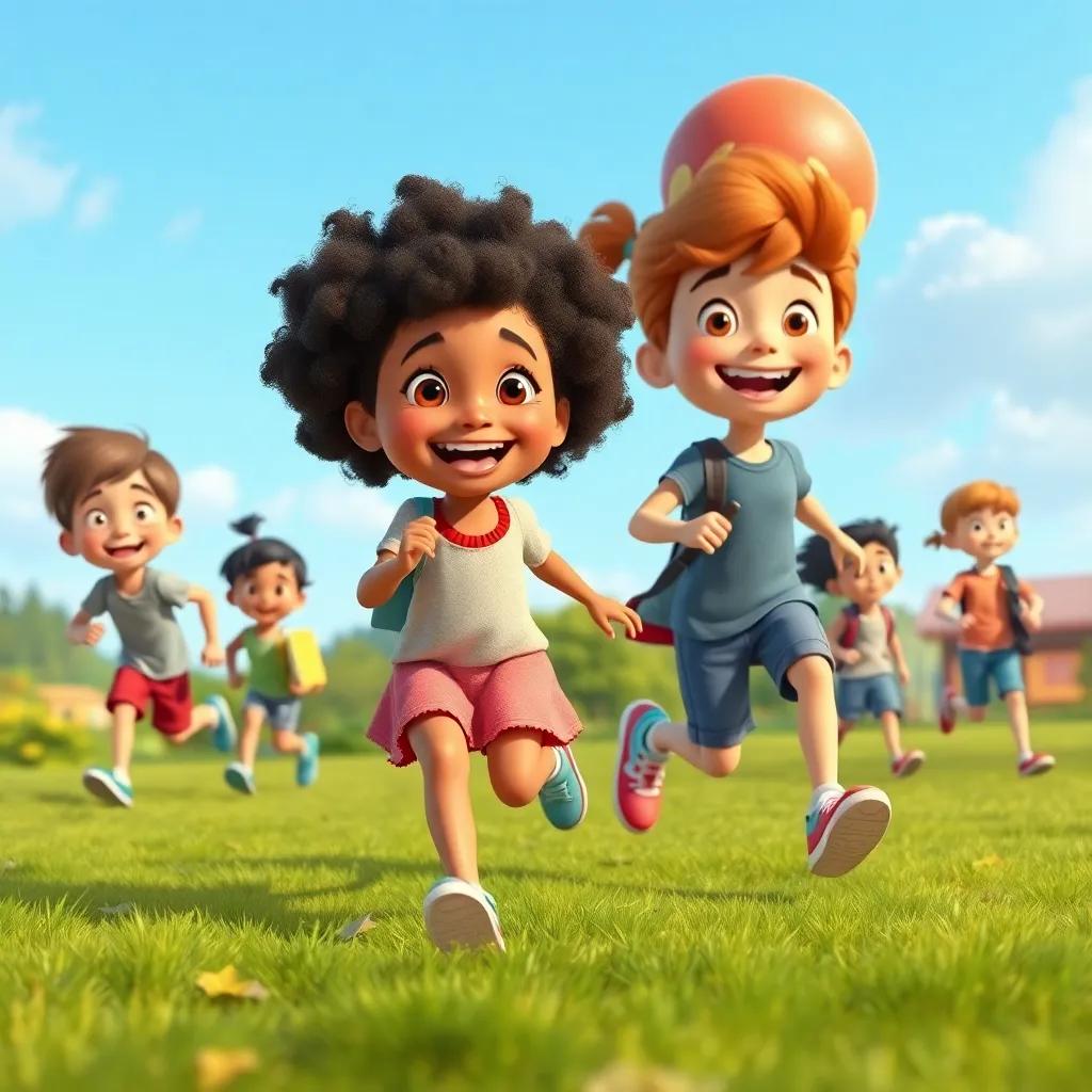 Children taking a break from studying, running after Lila who is spinning joyfully in circles with a ball, happy and carefree atmosphere, bright colors, lively