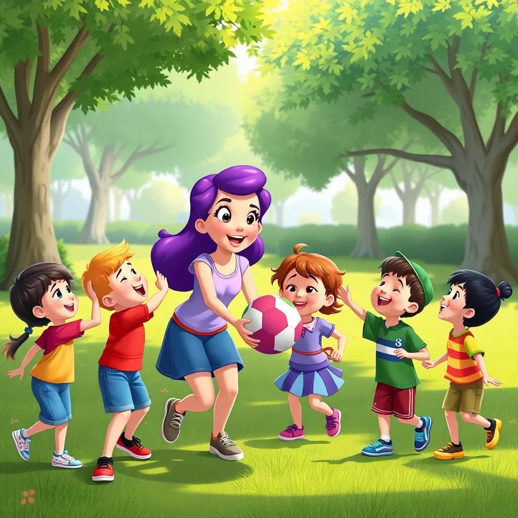 Lila bringing a ball to the children, as they cheer and laugh, enjoying a fun game together in the park, dynamic illustration, engaging and vibrant