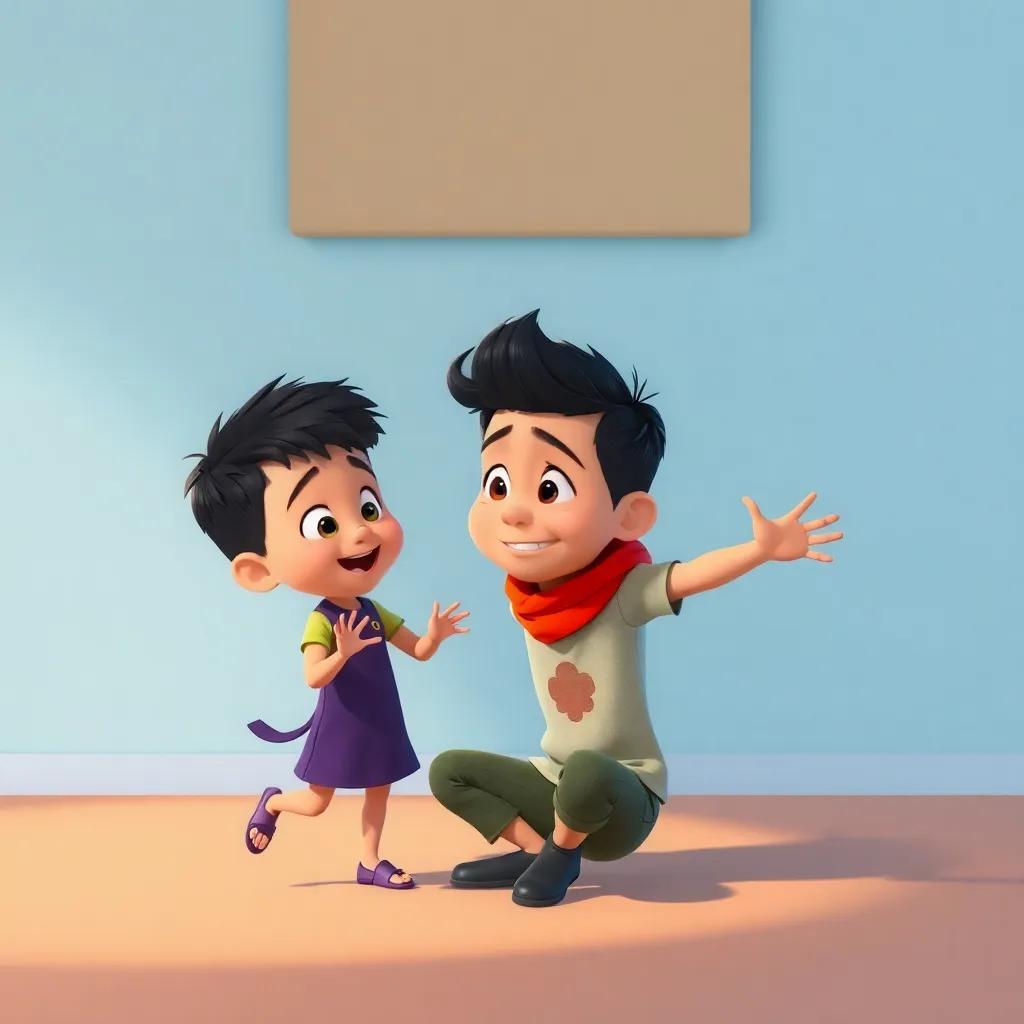 A boy named Tomás trying to teach Lila to sit, while Lila playfully jumps around him, creating a funny scene, lighthearted and amusing, colorful