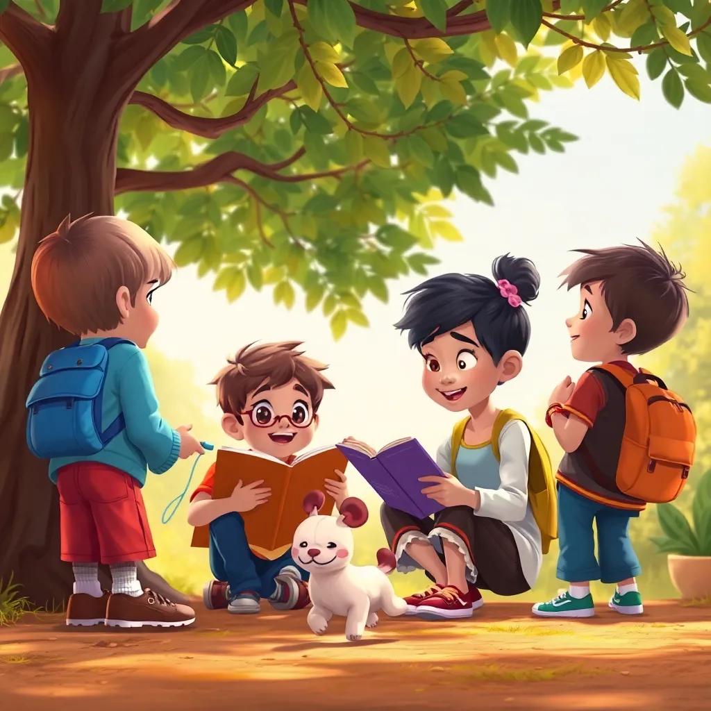 Children studying under a tree, looking at Lila who is running away playfully, capturing the essence of fun and learning, cheerful backdrop, warm tones