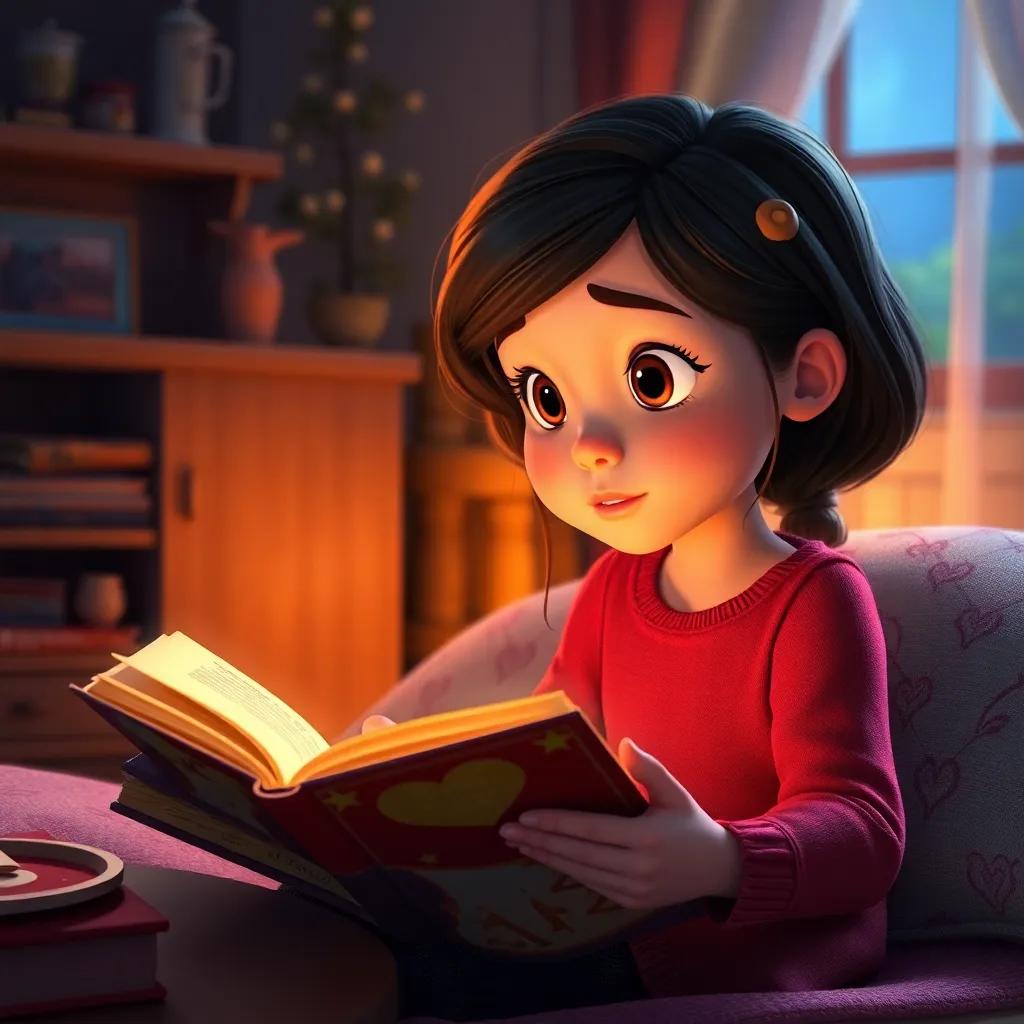 Lila listening intently with her head cocked to one side, as a child reads a story aloud in a cozy setup, enchanting atmosphere, story-like setting
