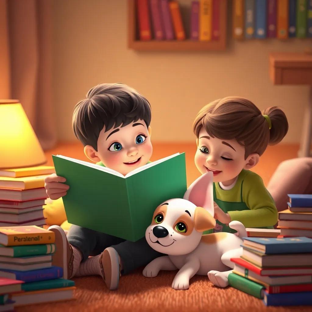 Children reading stories to Lila, the puppy lying happily beside them, surrounded by colorful books, cozy and joyful scene, inviting and heartwarming