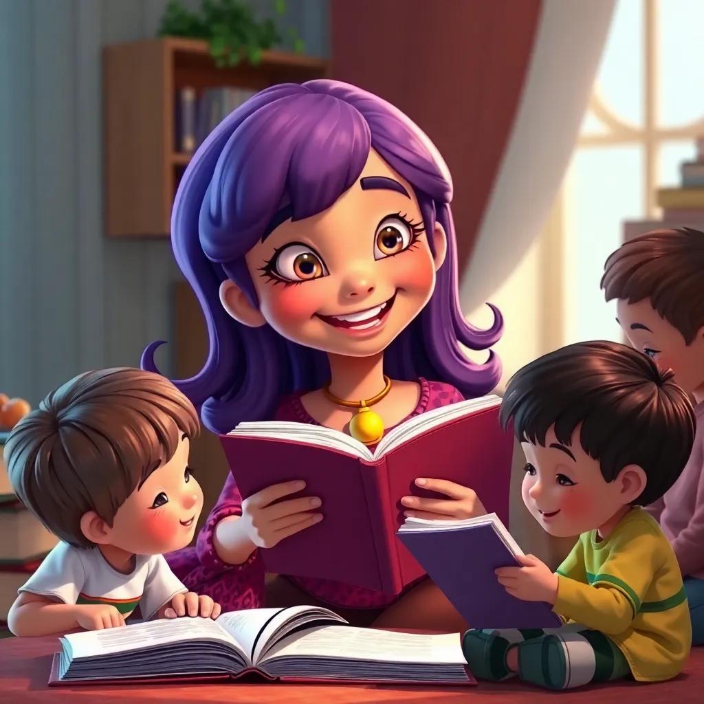 Lila happily learning as children read to her, showing that studying can be fun, rich colors, delightful scene, uplifting