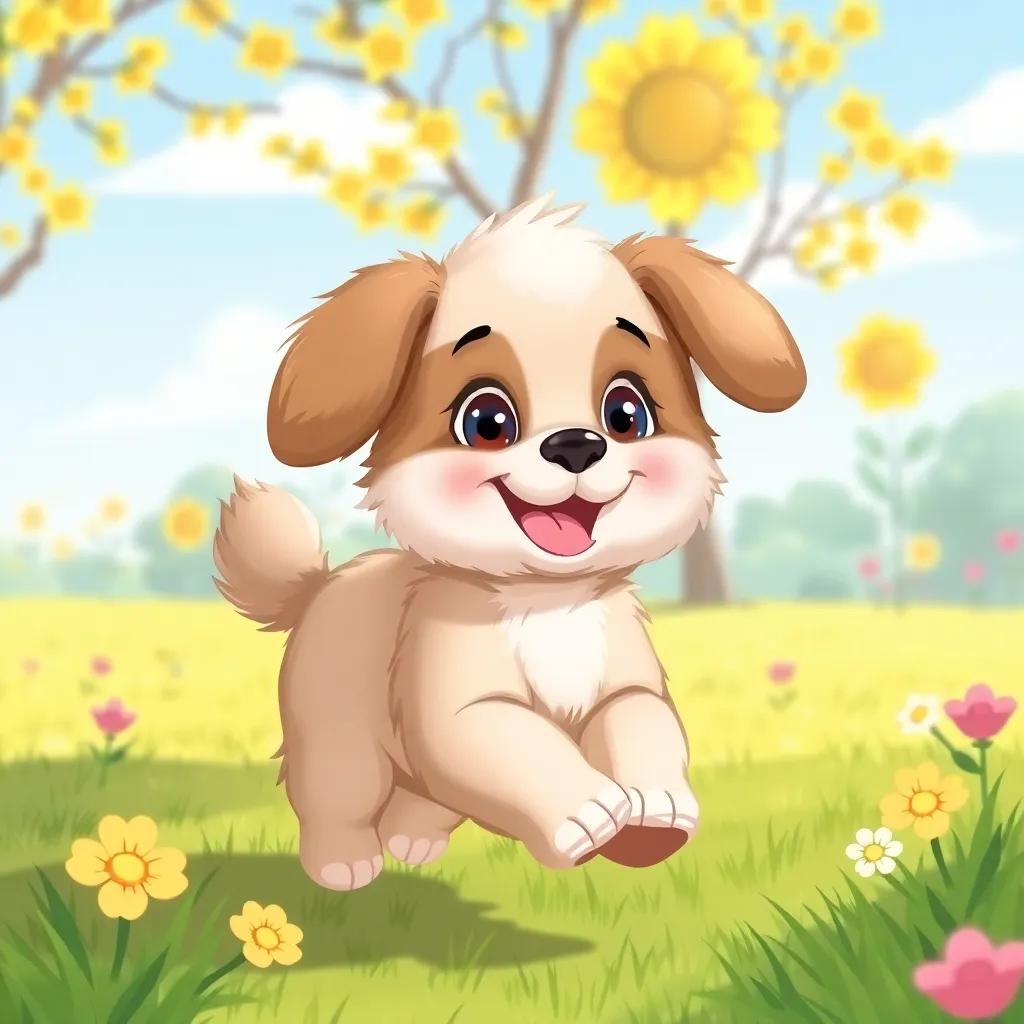 A happy puppy, Lila, with fluffy fur and floppy ears, running in a sunny park with bright flowers and green grass, digital art, cheerful colors, joyful atmosphere, high quality