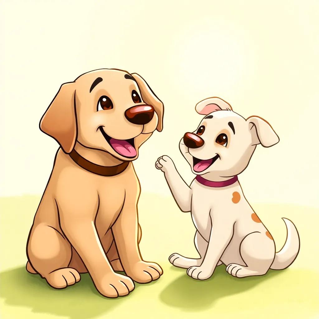 A playful labrador, Rex, teaching Lila to sit with a sunny background, friendly dogs playing together, digital painting, bright colors, warm light, high quality