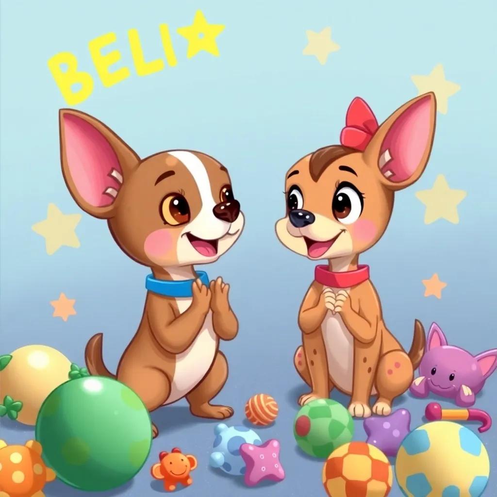 A chihuahua named Bella cheering for Lila as she learns to follow the rules with colorful toys around, illustration, vibrant colors, energetic feel, high quality