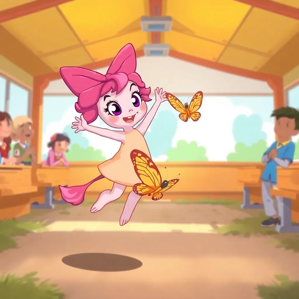A scene of Lila jumping playfully around a butterfly in a cheerful training environment, trainers smiling in the background, digital art, colorful and lively, bright perspective, high quality