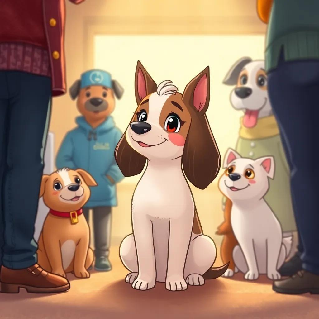 Lila sitting proudly and focused, waiting for a treat from the trainers with her friends beside her, warm lighting, encouraging atmosphere, illustration, charming quality