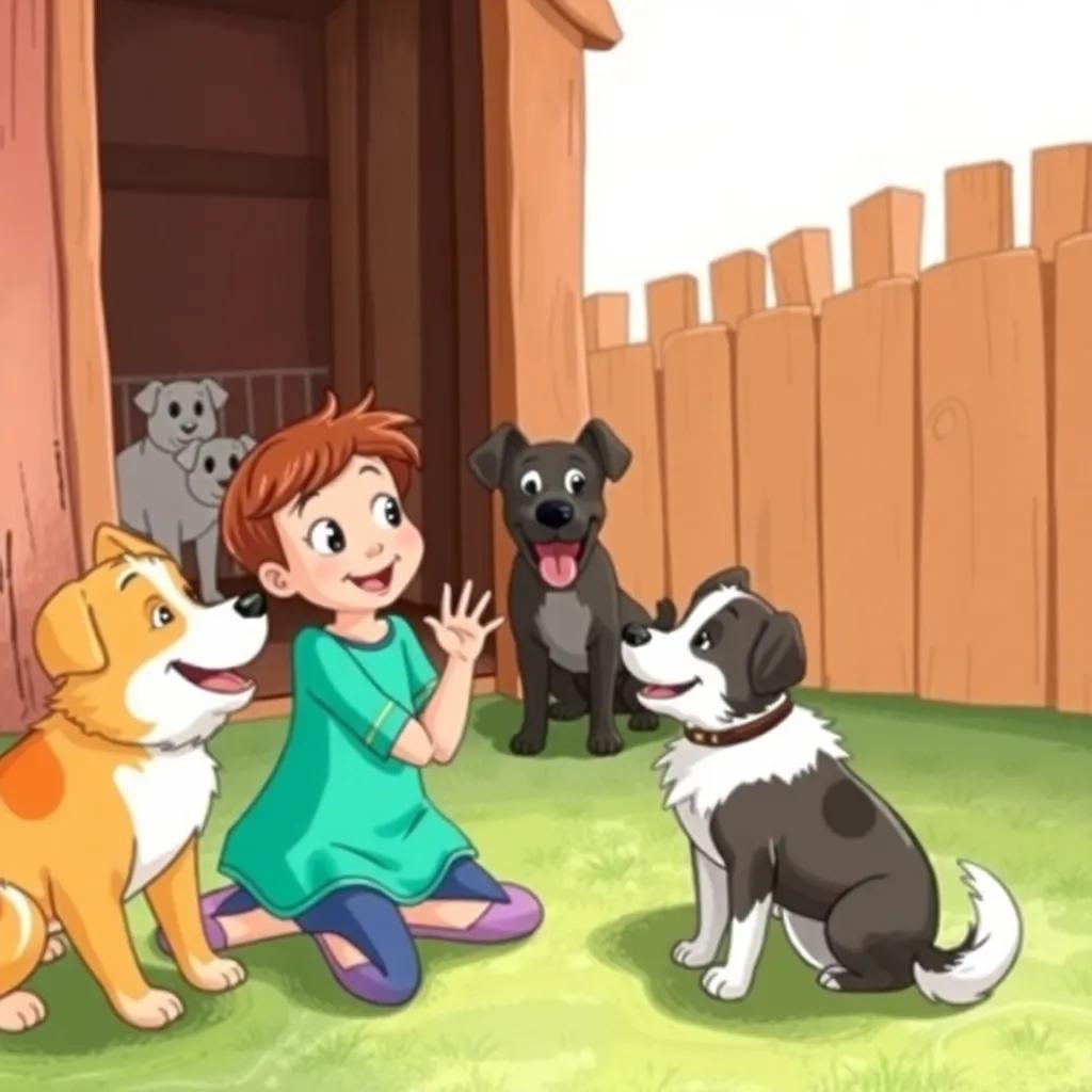 Lila playing happily with Rex and Bella in the kennel, discovering the joy of friendship and rules, happy dogs, colorful background, child-friendly illustration, high quality