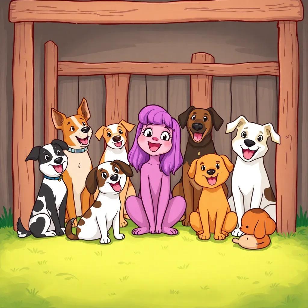 A scene of Lila in the kennel surrounded by her friends, all sitting together, joyful expressions, artwork showing teamwork and happiness, vibrant colors, high quality