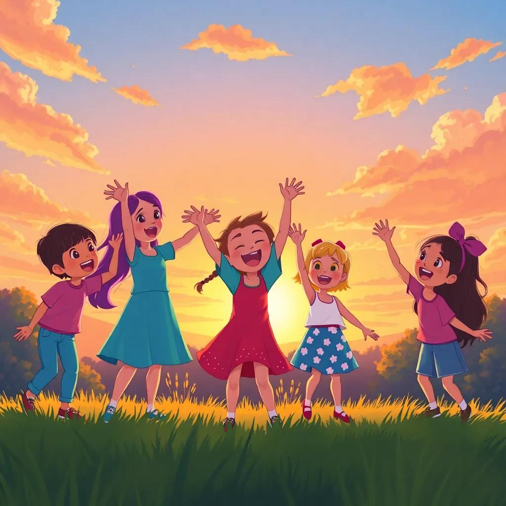 At sunset, Lila and her friends celebrating after a day of fun and learning, bright sky, colorful scene, joyful moment, digital art, heartwarming perspective, high quality