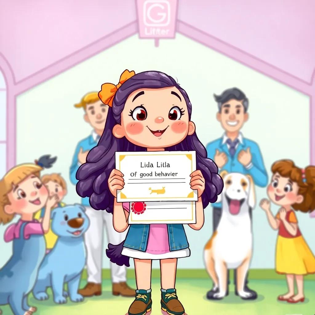 Lila looking proud with a certificate of good behavior from the trainers, with her friends cheering, bright and colorful environment, illustration, feeling of accomplishment, high quality