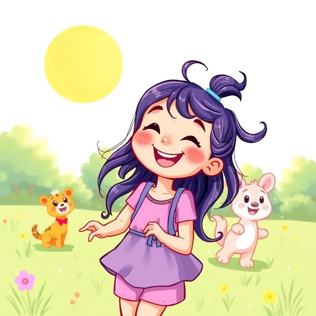Lila happily playing in the park with her friends, smiling and enjoying the day with a sunny background, vibrant colors, joyfulness in the air, high quality