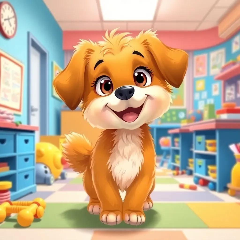 A playful little dog, Lila, with fluffy fur and bright eyes, looking around in the classroom with colorful walls and lots of toys, digital art, cheerful, lively colors, inviting atmosphere, high quality