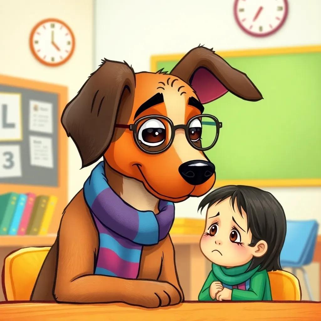 Dona Pata, a wise and gentle teacher dog, with glasses and a striped scarf, looking at a sad Lila in a colorful classroom, detailed illustration, warm and caring, inspiring, high quality