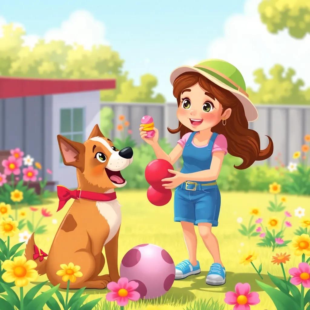 Flora, a energetic dog trainer with a colorful hat, showing fun toys to Lila, in a sunny outdoor play area full of flowers and excitement, vibrant digital art, cheerful mood, high quality