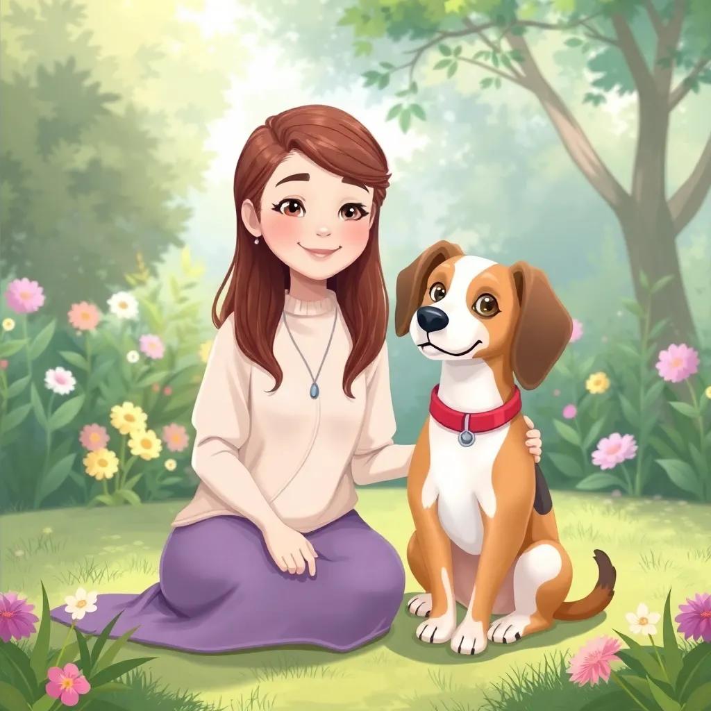 Bela, a calm dog trainer with a gentle expression, sitting with Lila in a serene garden, presenting relaxing activities with soft colors and a peaceful background, digital painting, calming atmosphere, high quality