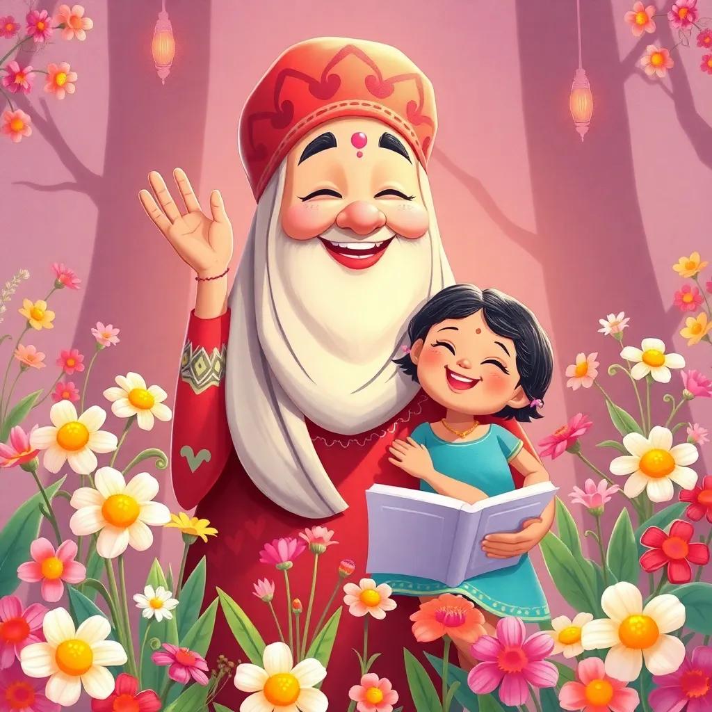 Dona Pata, proud of Lila, surrounded by flowers and a joyful scene showcasing Lila’s progress in learning, uplifting atmosphere, bright colors, high quality