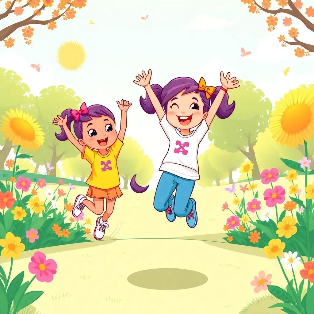 Lila celebrating her achievements with her new trainers and friends, jumping joyfully in a park filled with sunshine and colorful flowers, cheerful digital art, energetic, vibrant, high quality