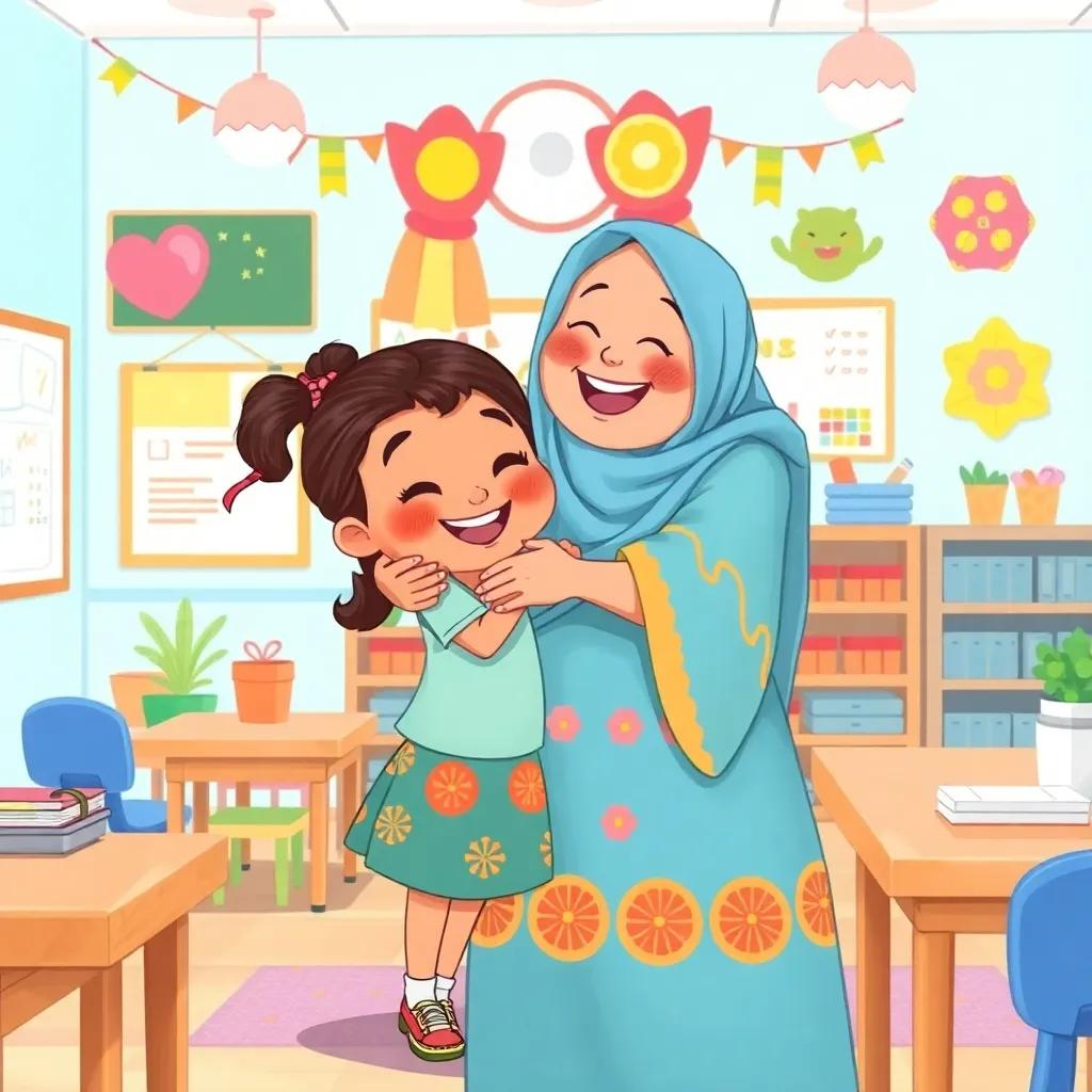 Lila showing off her new skills and giving a warm hug to Dona Pata, surrounded by a lively classroom with colorful decorations and a happy atmosphere, heartwarming illustration, bright colors, high quality
